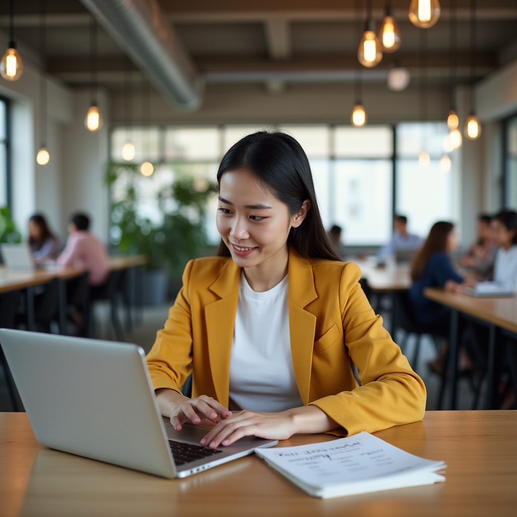 Antreprenor tânăr lucrând pe laptop într-un spațiu de coworking modern