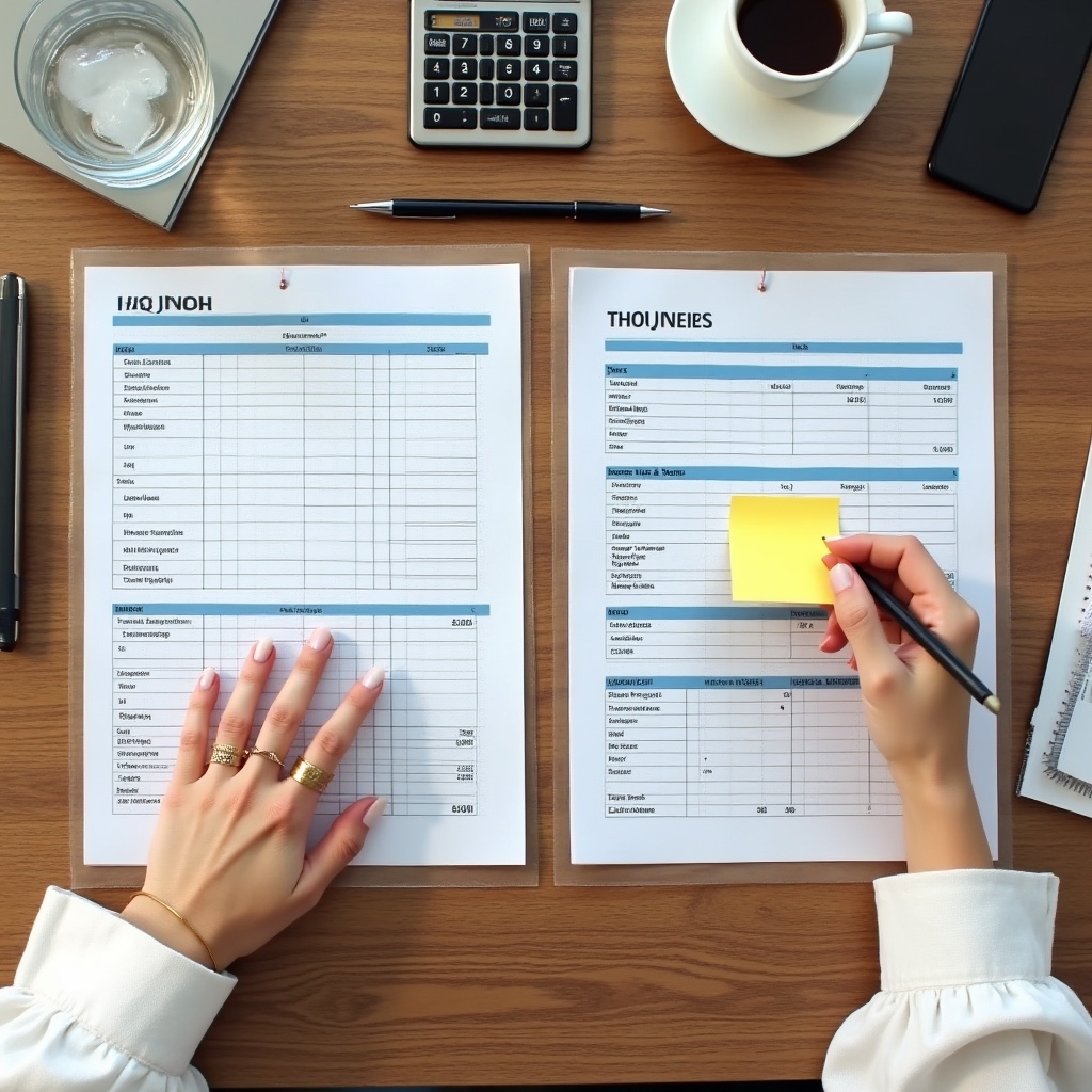 Persoană comparând două seturi de documente financiare pe o masă de lucru modernă