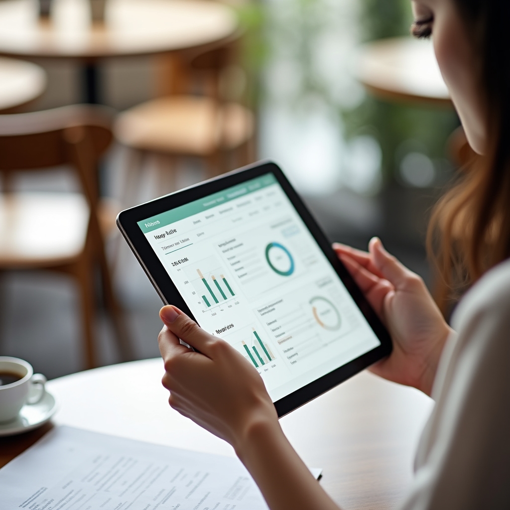 Persoană vizualizând indicatori financiari pe o tabletă modernă, cu documente în fundal