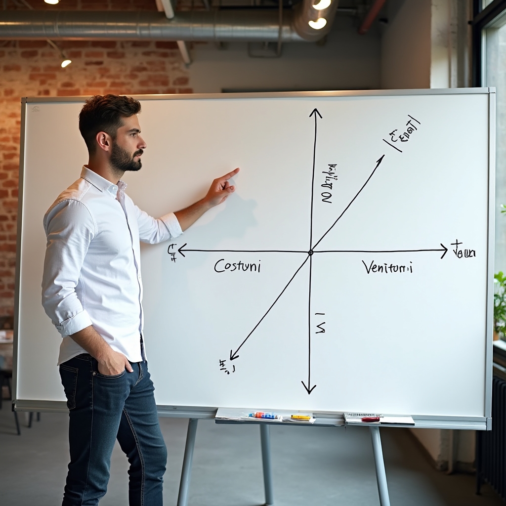 Whiteboard cu schema grafică a pragului de rentabilitate, cu costuri fixe și variabile marcate